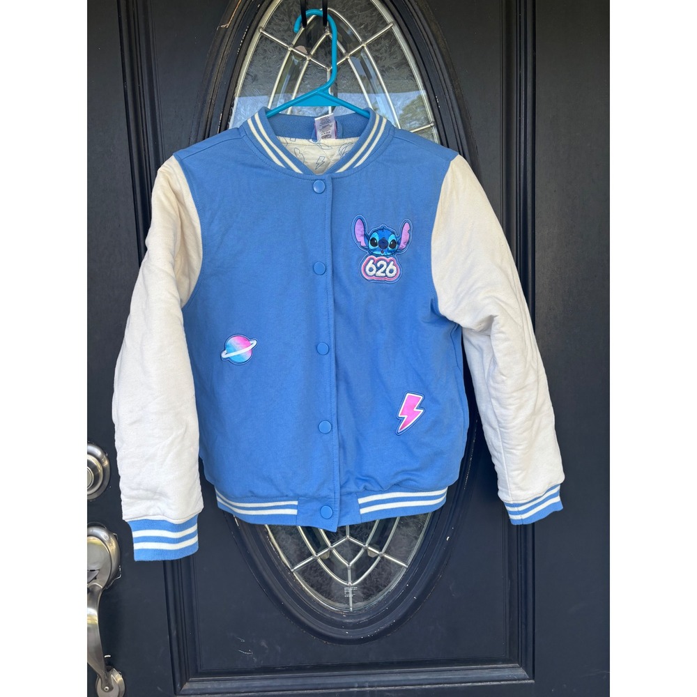 Disney Stitch Varsity Jacket Blue White Snap Front Quilted Lining Girls 10/12‎